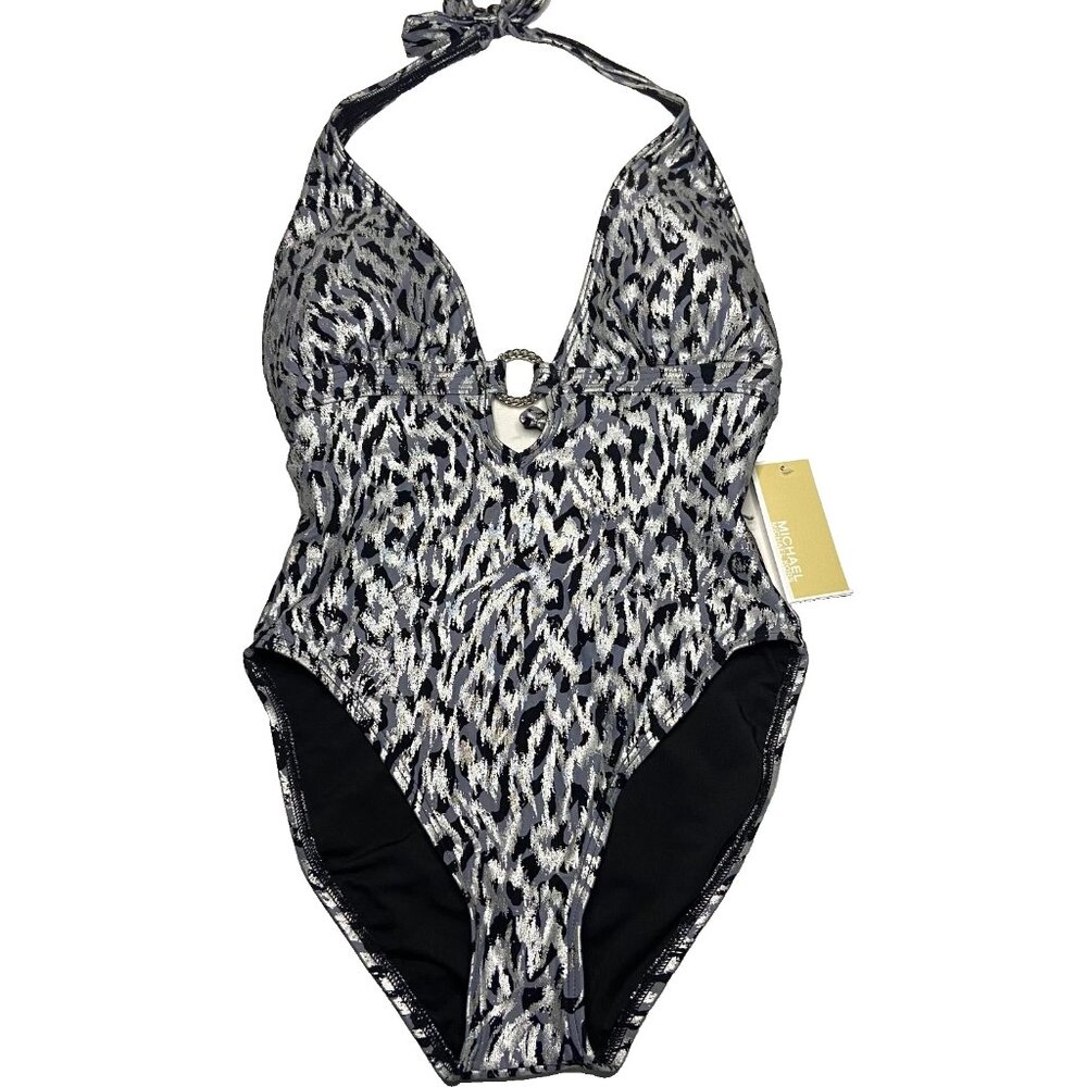 NWT Michael Kors Animal Print Halter One-Piece Swimsuit 10 $108 Tuscan Mom